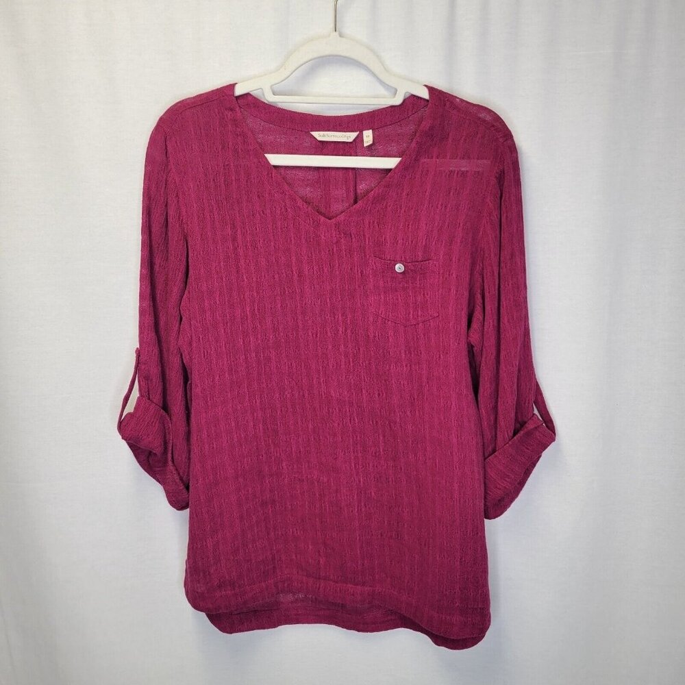 Soft Surroundings Women's XS Shirt Top Pink Roll Tab Sleeves Linen Blend